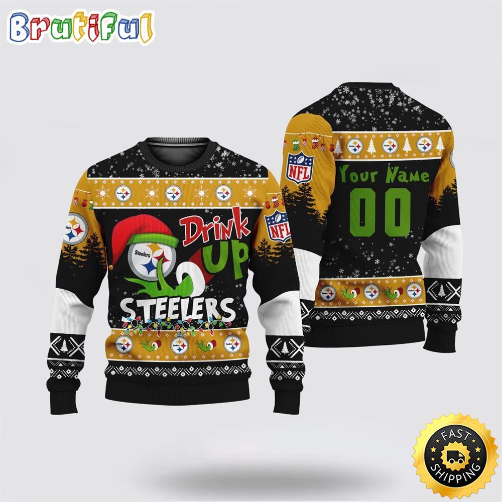Custom Nfl Pittsburgh Steelers Ugly Christmas Sweater Grinch Drink Up Christmas Gift For Football Fans