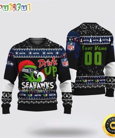 Custom Nfl Seattle Seahawks Ugly Christmas Sweater Grinch Drink Up Christmas Gift For Football Fans
