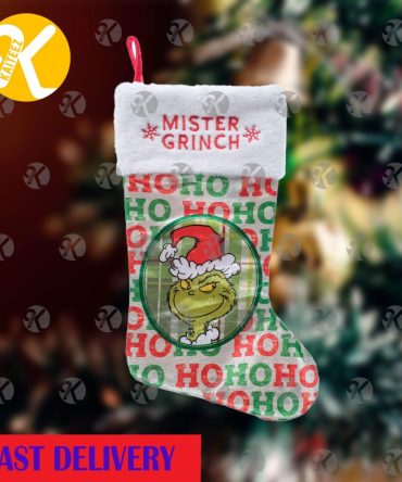 Grinch By Dr. Seuss In Hohoho Pattern Background Personalized Christmas Stocking