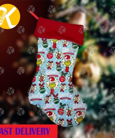 Grinch Stole Christmas Cute Pattern In Blue Background Christmas Stocking