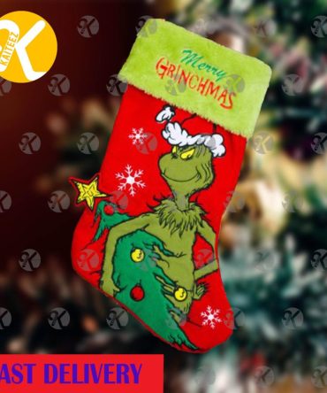 Grinch Stole The Christmas Tree In Red Background Christmas Stocking
