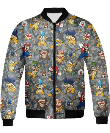 Mario Bomber Jacket Super Marrio All Characters Pattern Bomber Gray Unisex Jacket