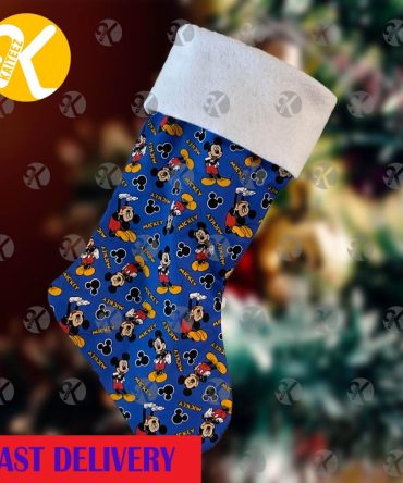 Mickey Mouse Cute Pattern In Blue Background Custom Name Christmas Stocking