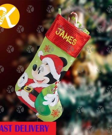 Mickey Mouse Holding Stocking In Red And Green Personalized Christmas Stocking