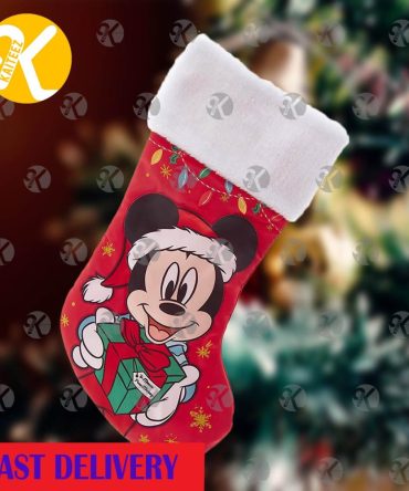 Mickey Mouse Santa Holding Presents In Red Background Christmas Stocking