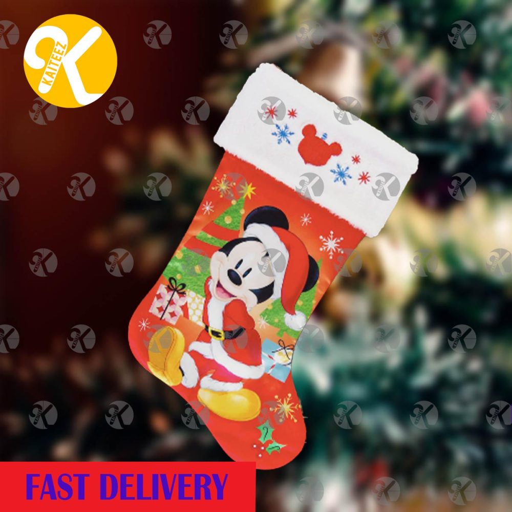 Mickey Mouse Santa With Present In Red Background Christmas Stocking
