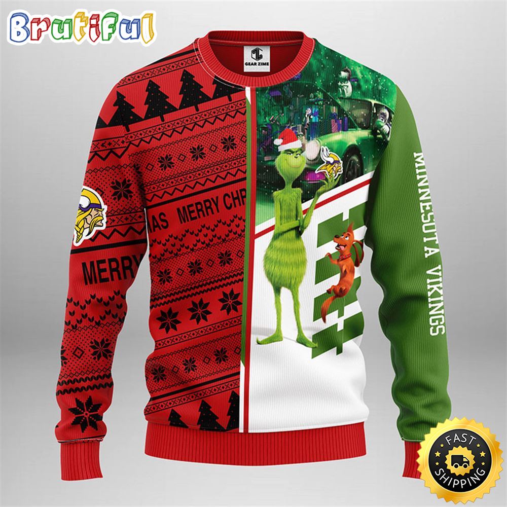 Minnesota Vikings Christmas Ugly Christmas Sweater Grinch And Scooby-Doo Show Your Team Spirit
