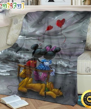Mickey Mouse Blanket Mickey Mouse And Minnie With Love Balloon Sitting On The Beach Fleece Blanket