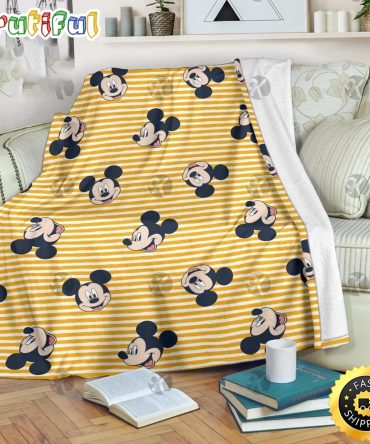 Mickey Mouse Blanket Mickey Mouse Emotional Pattern In Yellow Stripes Background Fleece Blanket
