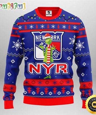 Nhl New York Rangers Ugly Christmas Sweater Print Funny Grinch Gift For Hockey Fans