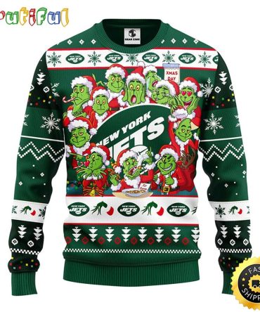 New York Jets Christmas Ugly Christmas Sweater Print 12 Grinch Xmas Day Show Your Team Spirit