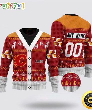 Personalized Nhl Calgary Flames Elk Pattern Ugly Christmas Sweater Perfect Gift For Football Fans