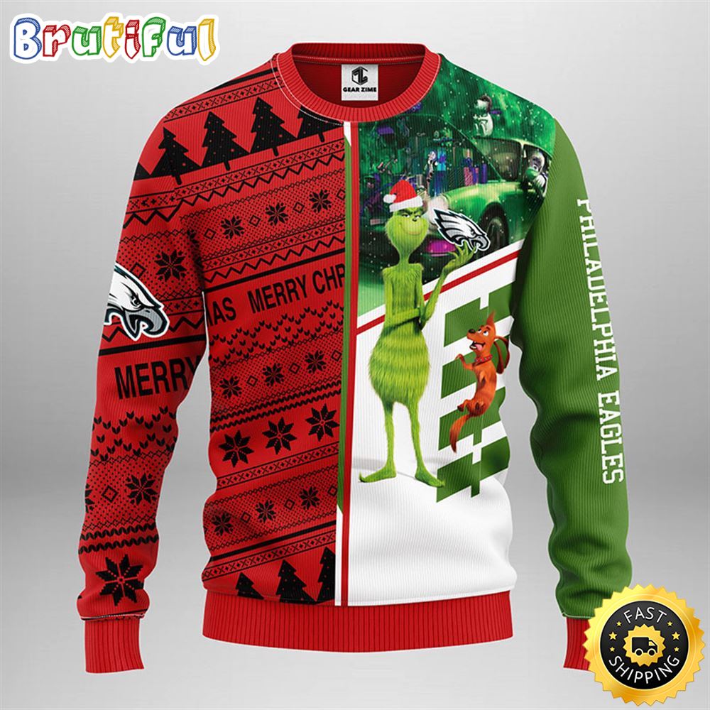 Philadelphia Eagles Christmas Ugly Christmas Sweater Grinch And Scooby-Doo Show Your Team Spirit