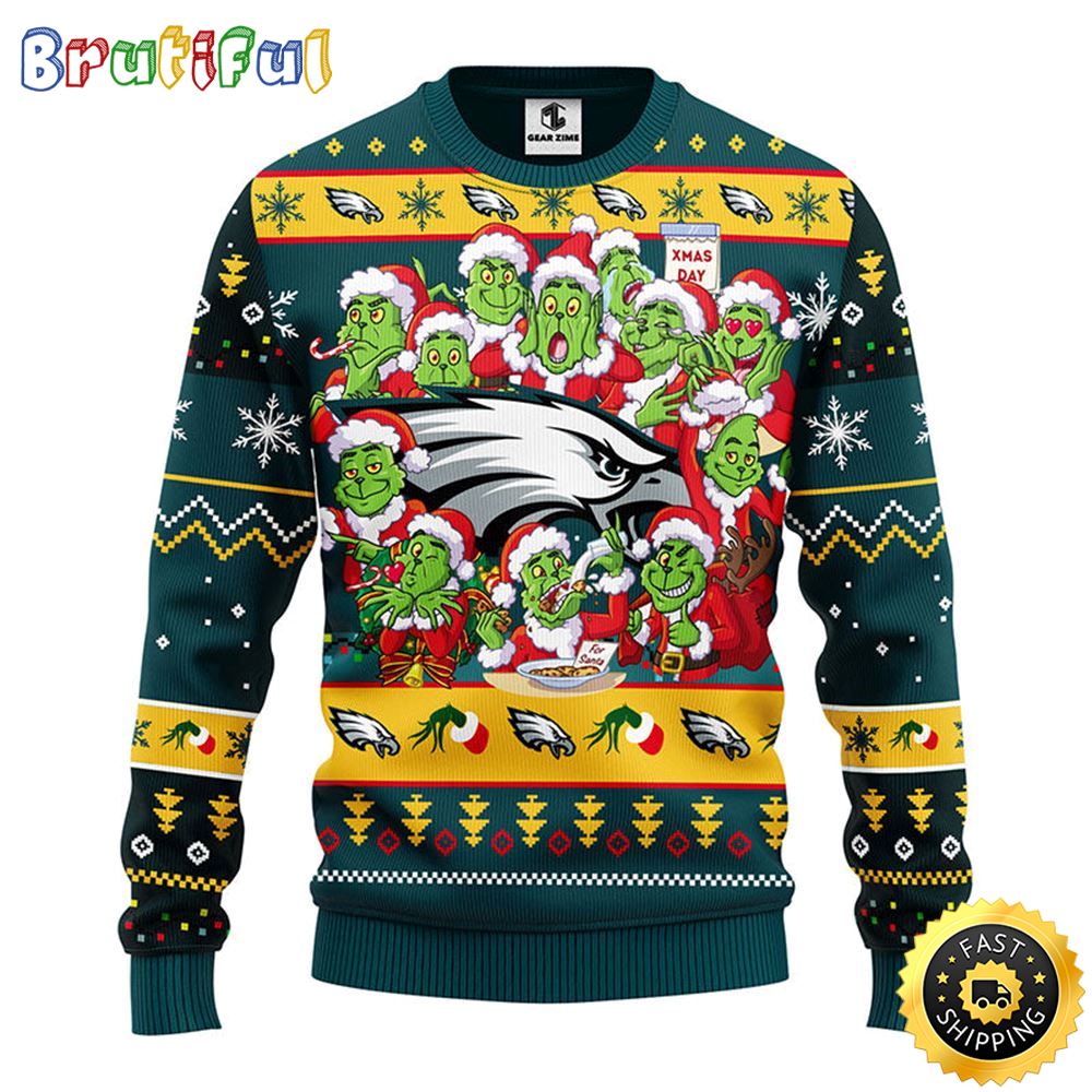Philadelphia Eagles Christmas Ugly Christmas Sweater Print 12 Grinch Xmas Day Show Your Team Spirit
