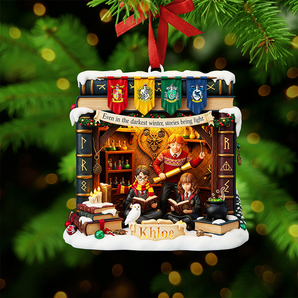 “Even In The Darkest Winter, Stories Bring Light” - Personalized Bookmas Acrylic Ornament - Custom Gift For Readers, Friends, Family, Book Lovers