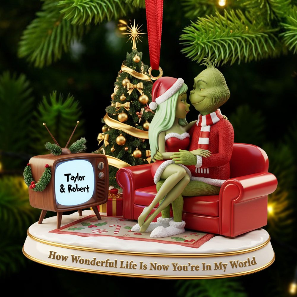 How Wonderful Life Is Now You’Re In My World - Green Monster Couple Ornament - Personalized Christmas Gift For Couples