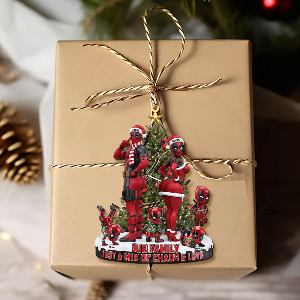 Our Family: Just A Mix Of Chaos & Love - Personalized Red Masked Family Ornament - Image 4