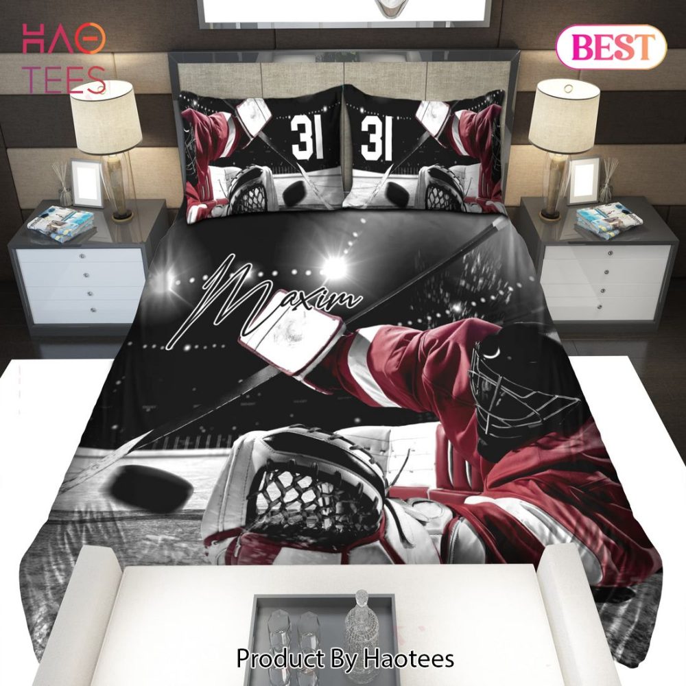 Ice Hockey Goalie Catching Puck Personalized Custom Name & Number Sport 21 Bedding Set Bed Sets, Bedroom Sets