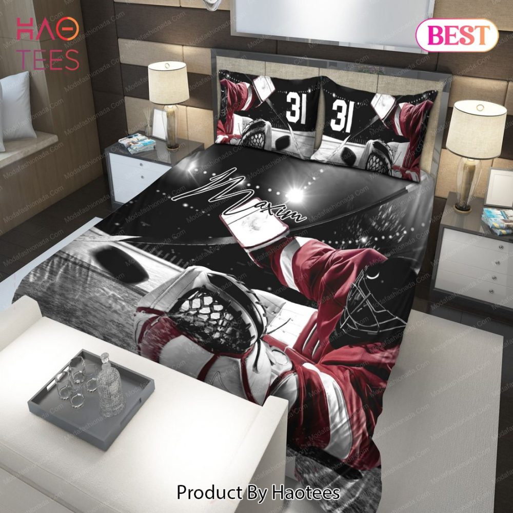 Ice Hockey Goalie Catching Puck Personalized Custom Name & Number Sport 21 Bedding Set Bed Sets, Bedroom Sets - Image 2