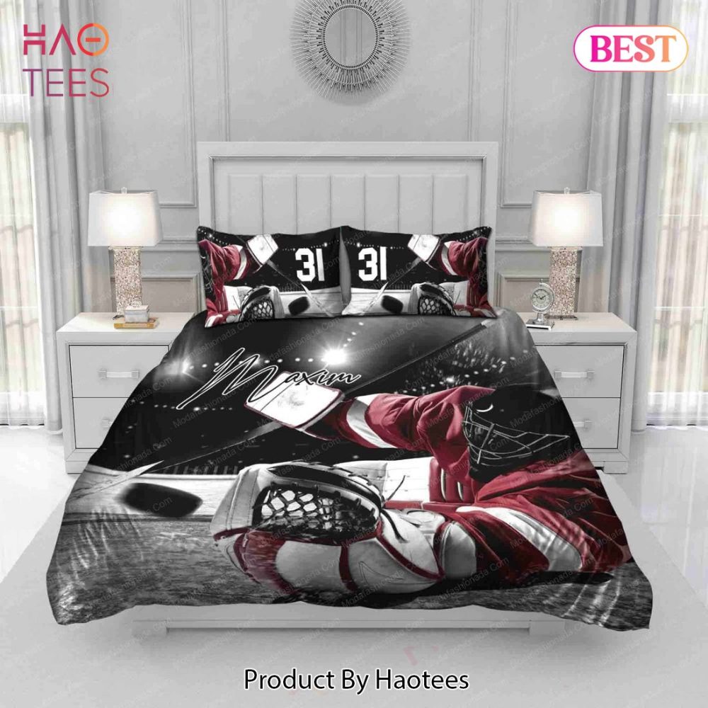 Ice Hockey Goalie Catching Puck Personalized Custom Name & Number Sport 21 Bedding Set Bed Sets, Bedroom Sets - Image 3