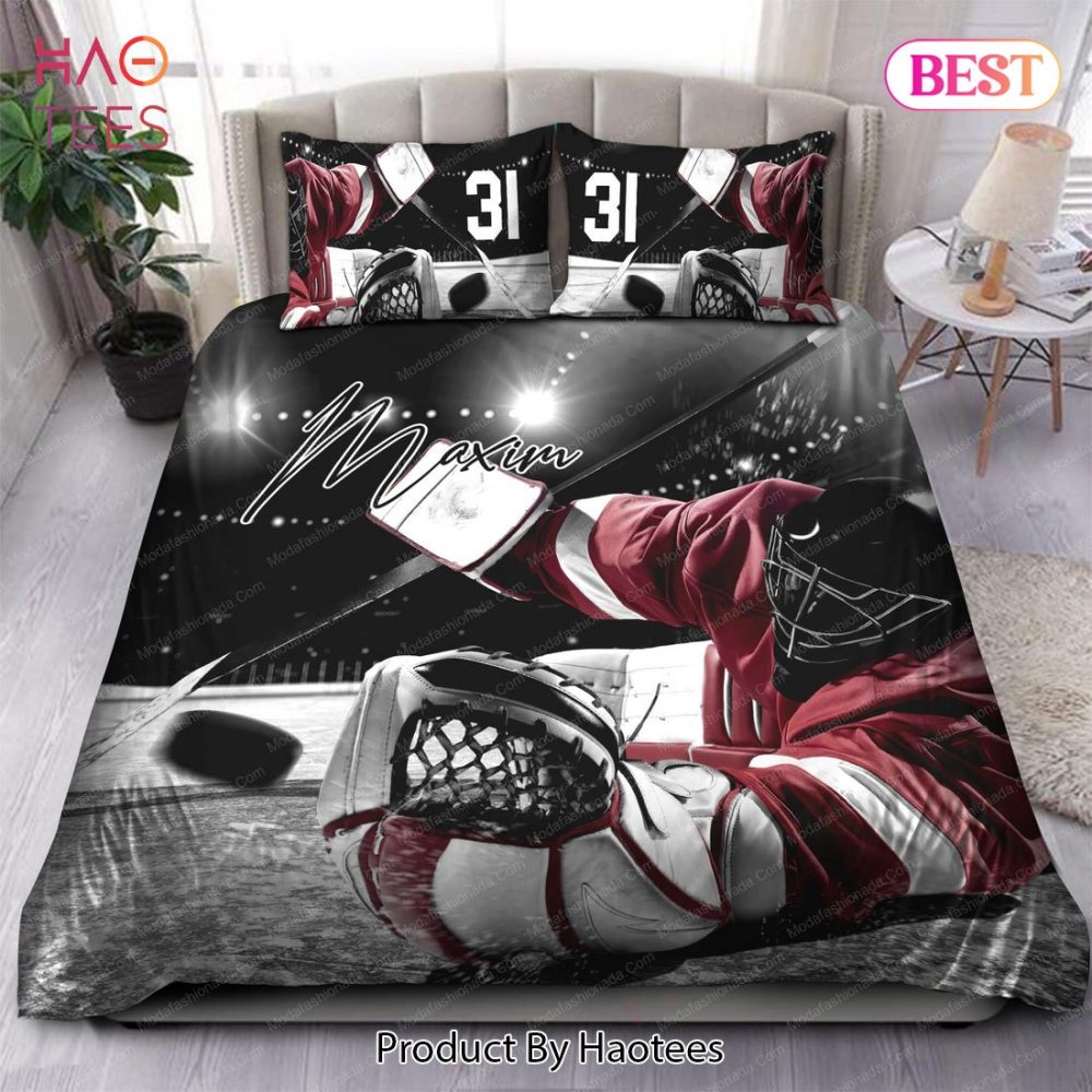 Ice Hockey Goalie Catching Puck Personalized Custom Name & Number Sport 21 Bedding Set Bed Sets, Bedroom Sets - Image 4