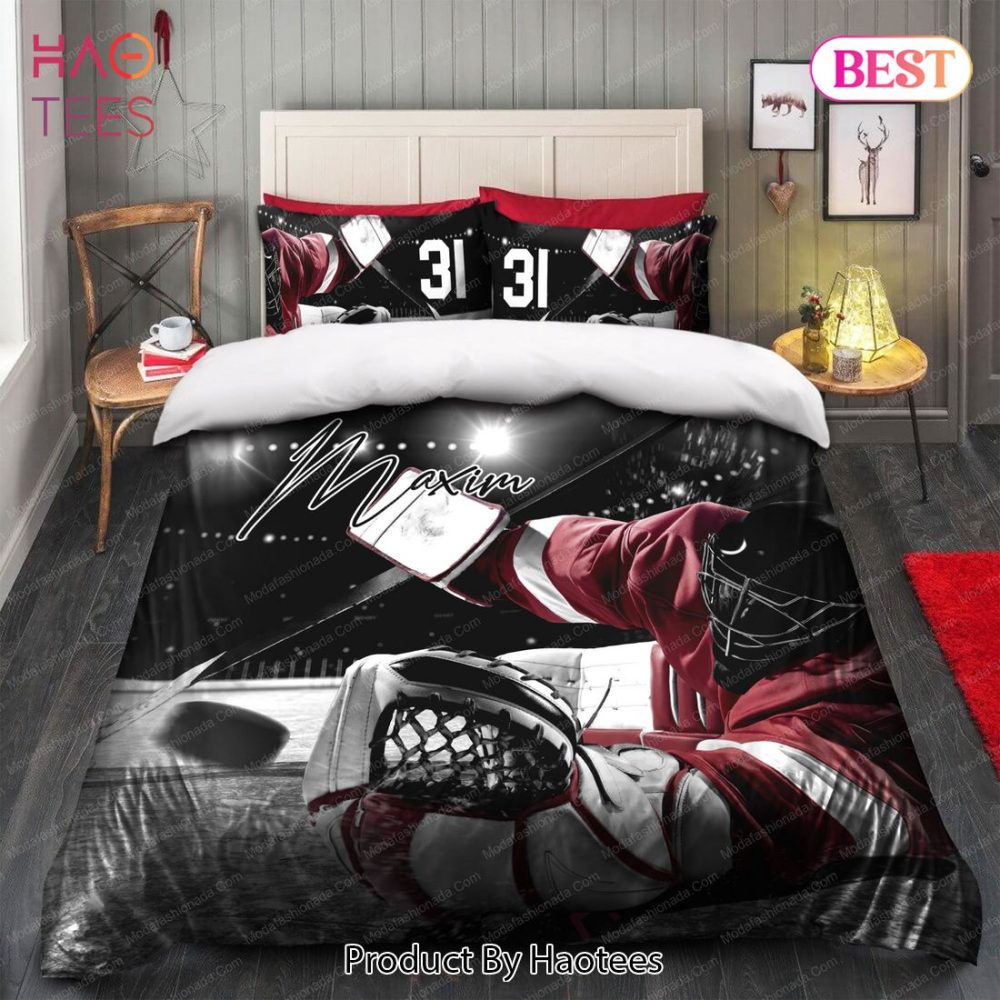Ice Hockey Goalie Catching Puck Personalized Custom Name & Number Sport 21 Bedding Set Bed Sets, Bedroom Sets - Image 5