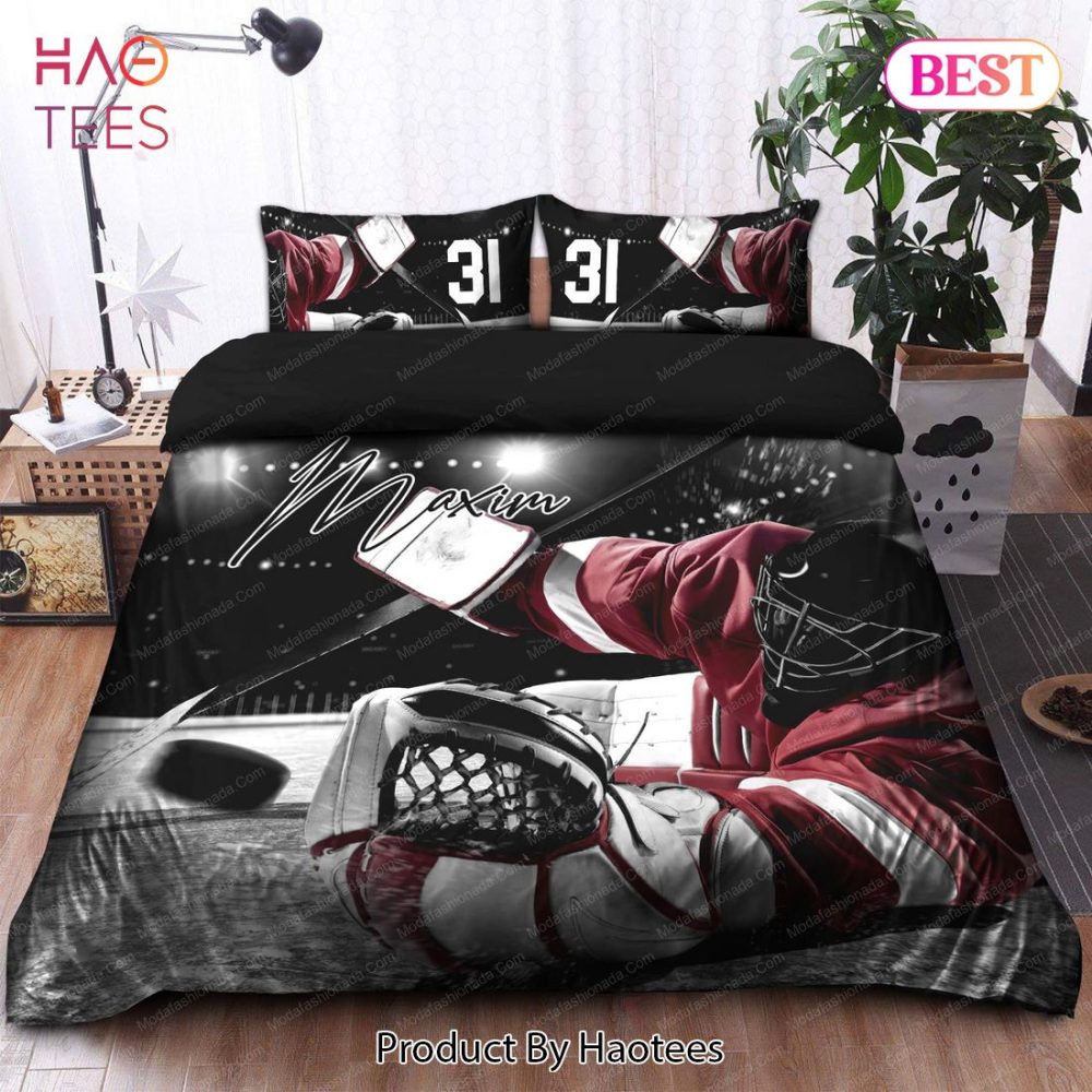 Ice Hockey Goalie Catching Puck Personalized Custom Name & Number Sport 21 Bedding Set Bed Sets, Bedroom Sets - Image 6