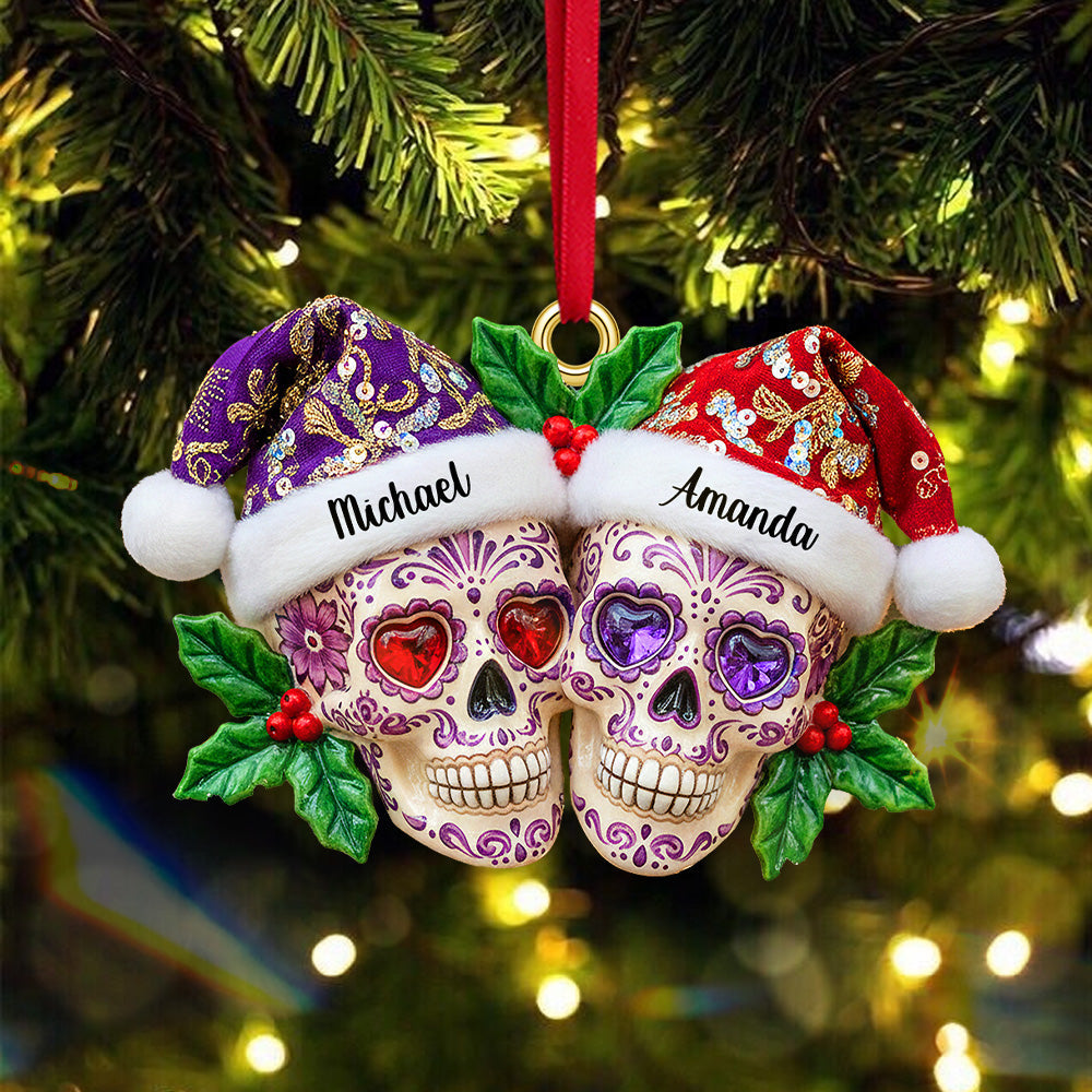 Celebrate Love & Life - Personalized Dia De Los Muertos Christmas Skull Couple Acrylic Ornament