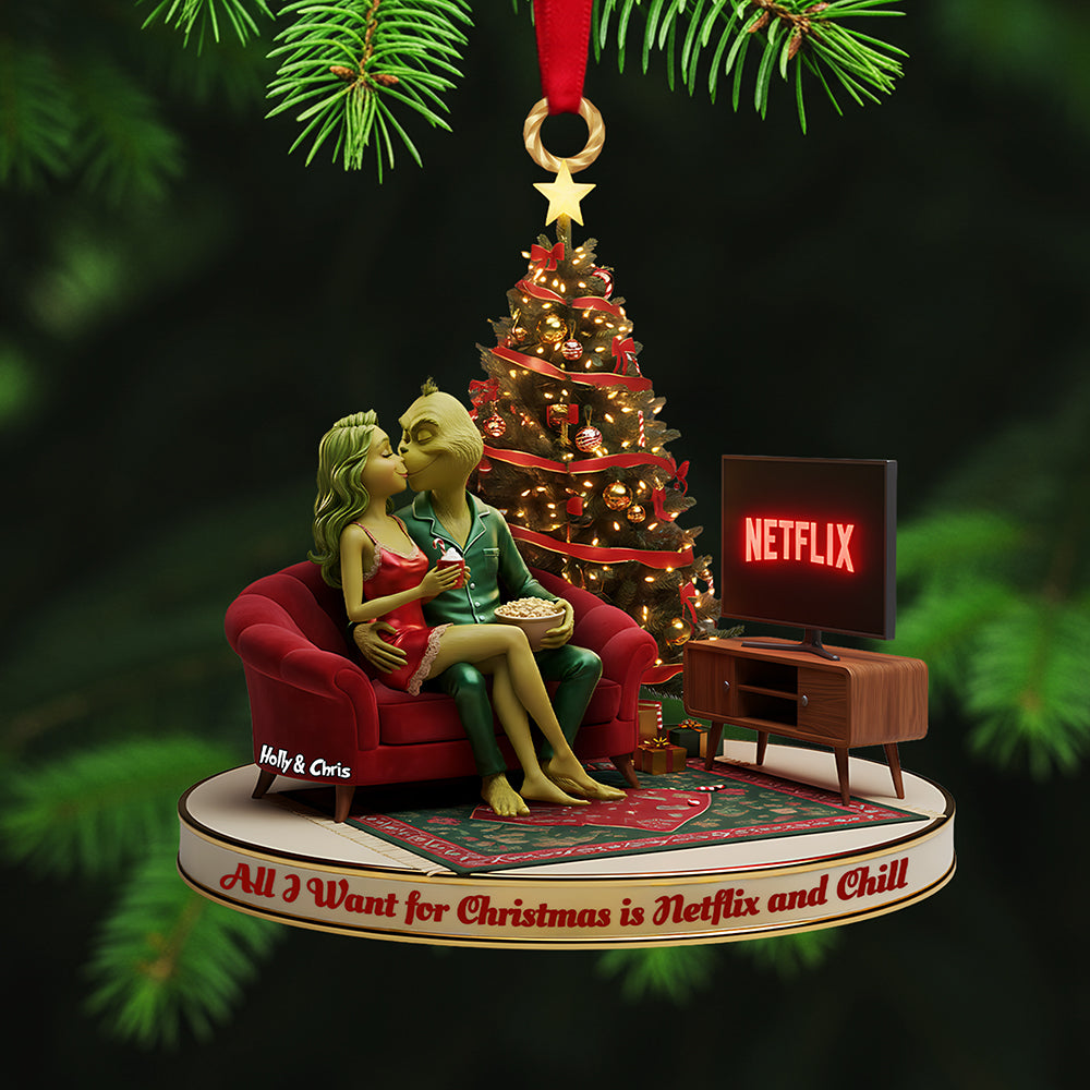 All I Want For Christmas Is Netflix And Chill - Kissing Couple Custom Shape Acrylic Ornament - Personalized Gift For Couples, Friends, Family