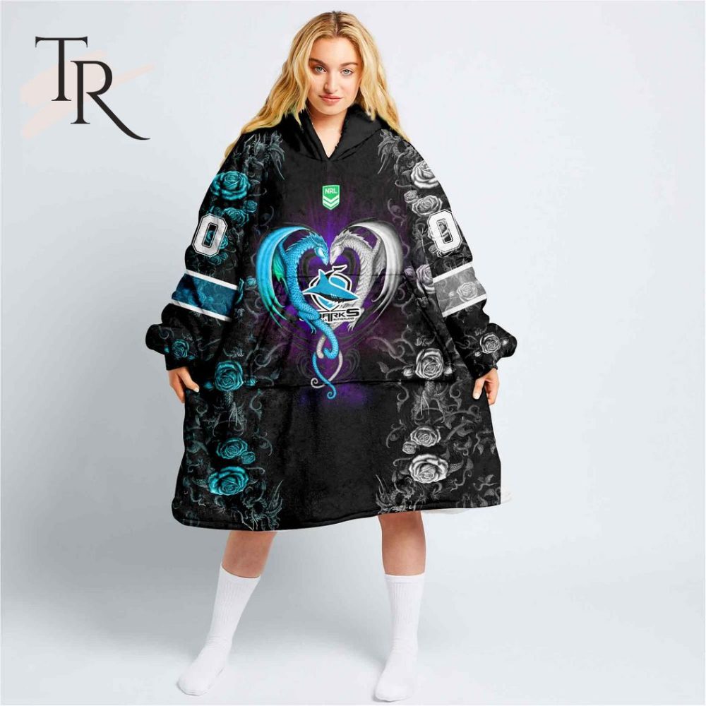 Custom Name And Number Nrl Cronulla Sutherland Sharks Rose Dragon Oodie Blanket Hoodie