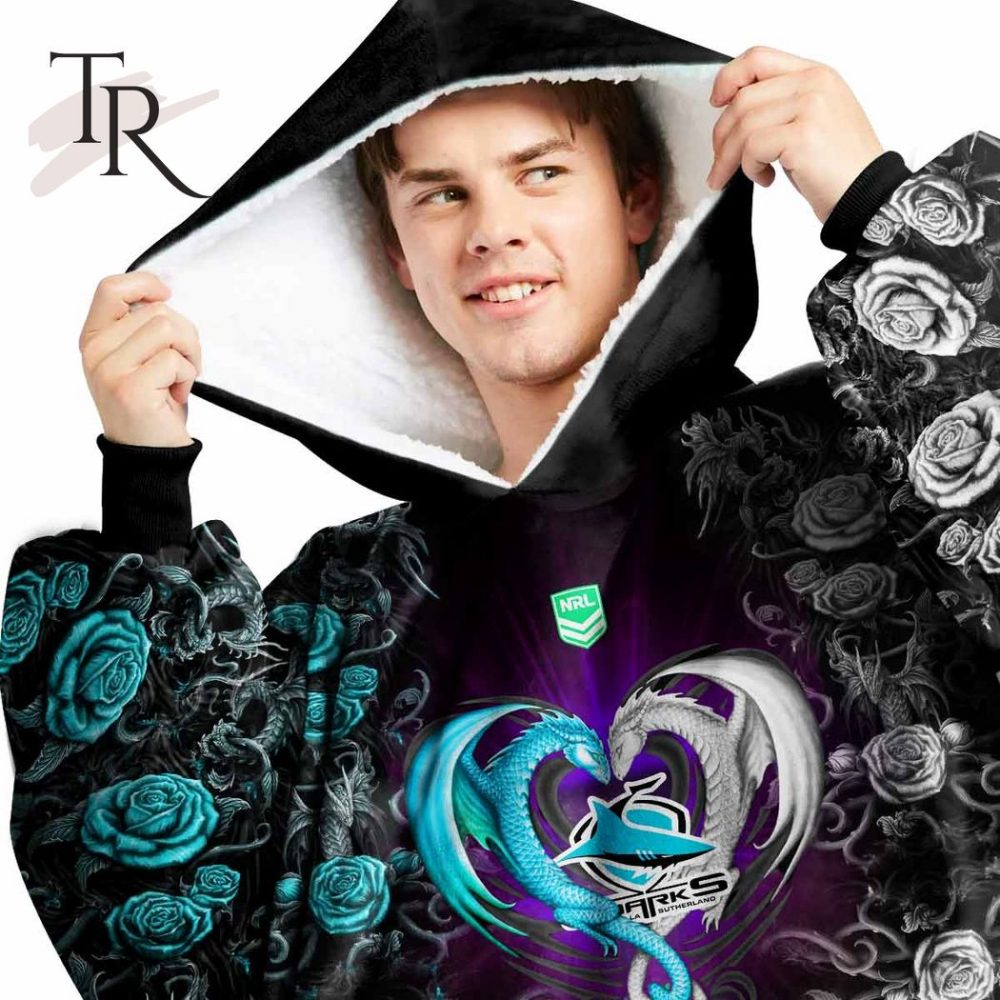 Custom Name And Number Nrl Cronulla Sutherland Sharks Rose Dragon Oodie Blanket Hoodie - Image 2