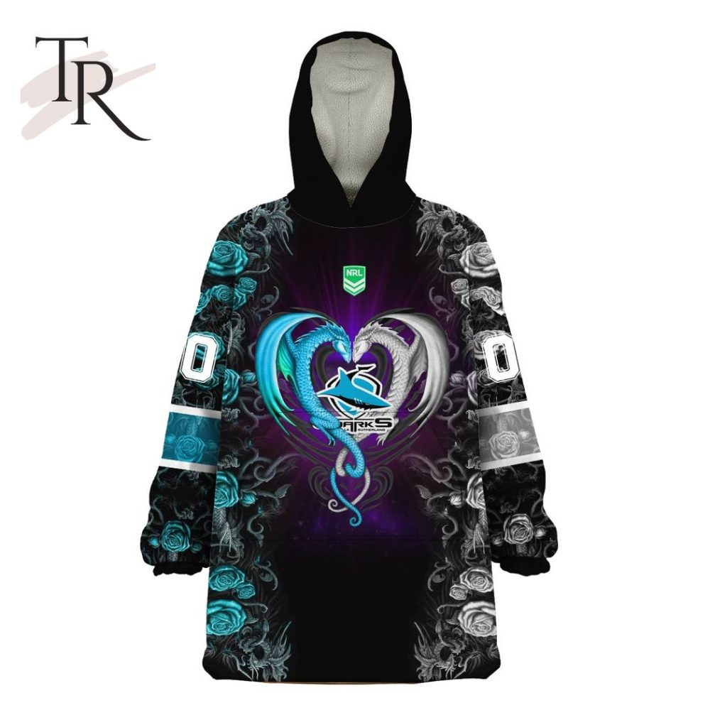 Custom Name And Number Nrl Cronulla Sutherland Sharks Rose Dragon Oodie Blanket Hoodie - Image 4