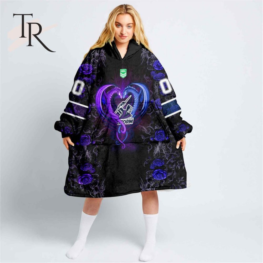 Custom Name And Number Nrl Melbourne Storm Rose Dragon Oodie Blanket Hoodie