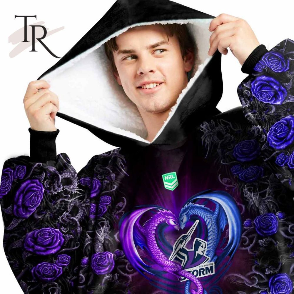 Custom Name And Number Nrl Melbourne Storm Rose Dragon Oodie Blanket Hoodie - Image 2