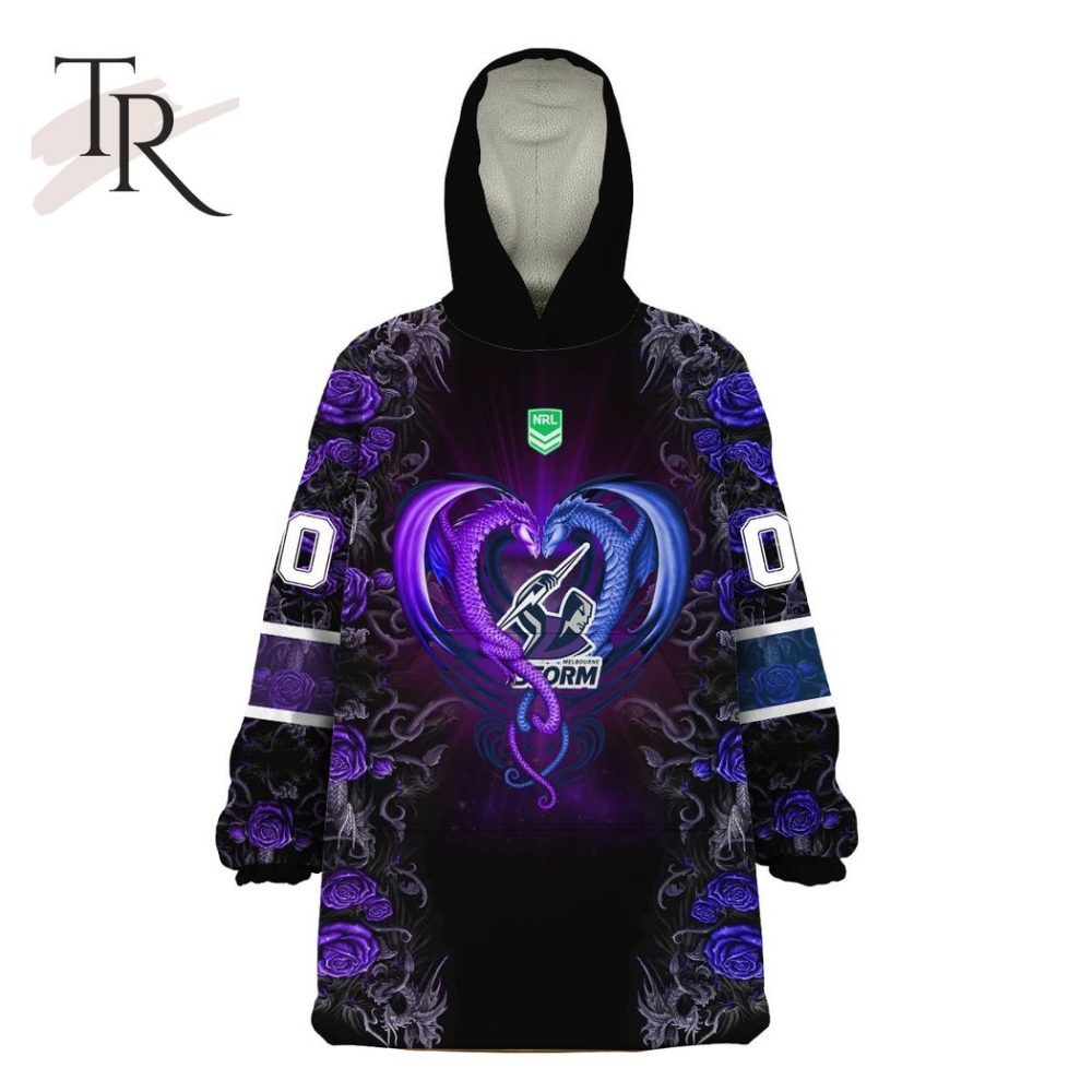 Custom Name And Number Nrl Melbourne Storm Rose Dragon Oodie Blanket Hoodie - Image 4