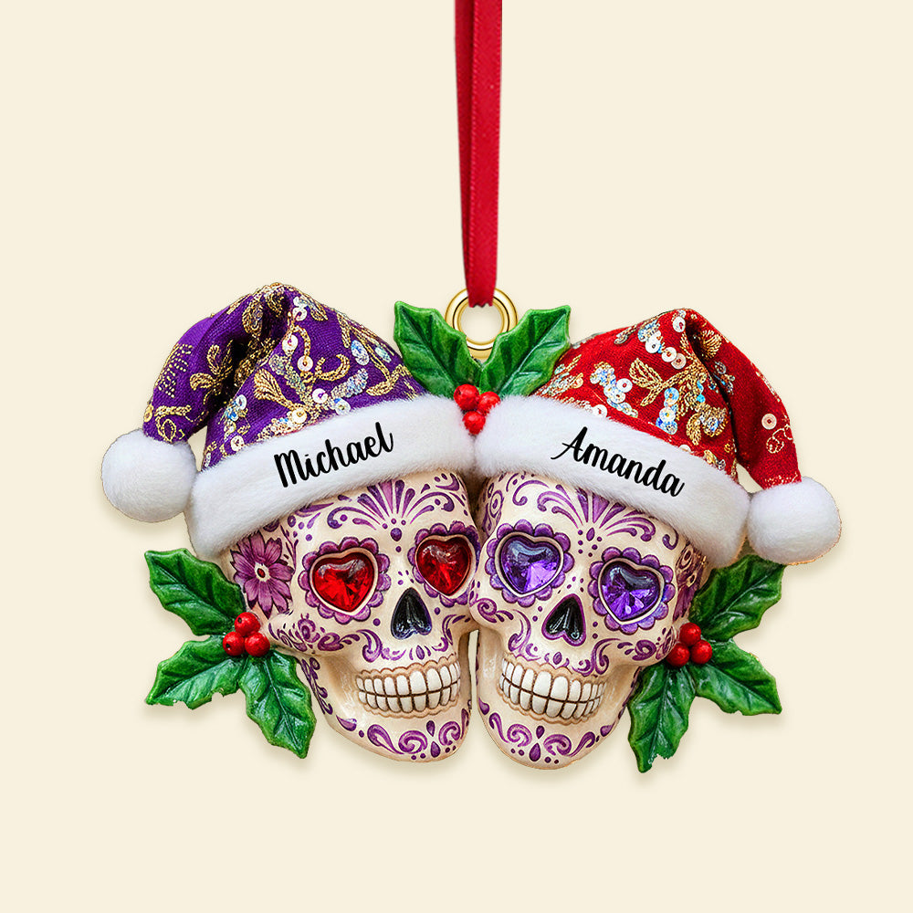 Celebrate Love & Life - Personalized Dia De Los Muertos Christmas Skull Couple Acrylic Ornament - Image 3
