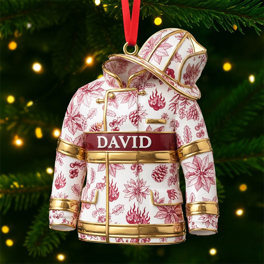 Celebrate Bravery With Our Toile De Jouy Firefighter Ornament - Personalized Gifts For Firefighters