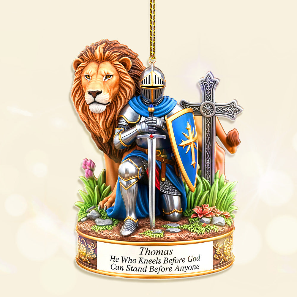 He Who Kneels Before God Can Stand Before Anyone - Personalized Kneeing Knight Acrylic Ornament - Gift For Him/Her/Family/Friends - Image 3