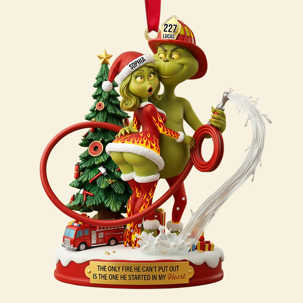 The Only Fire He Can'T Put Out - Funny Firefighter Green Monster Personalized Christmas Ornament For Couples - Image 5