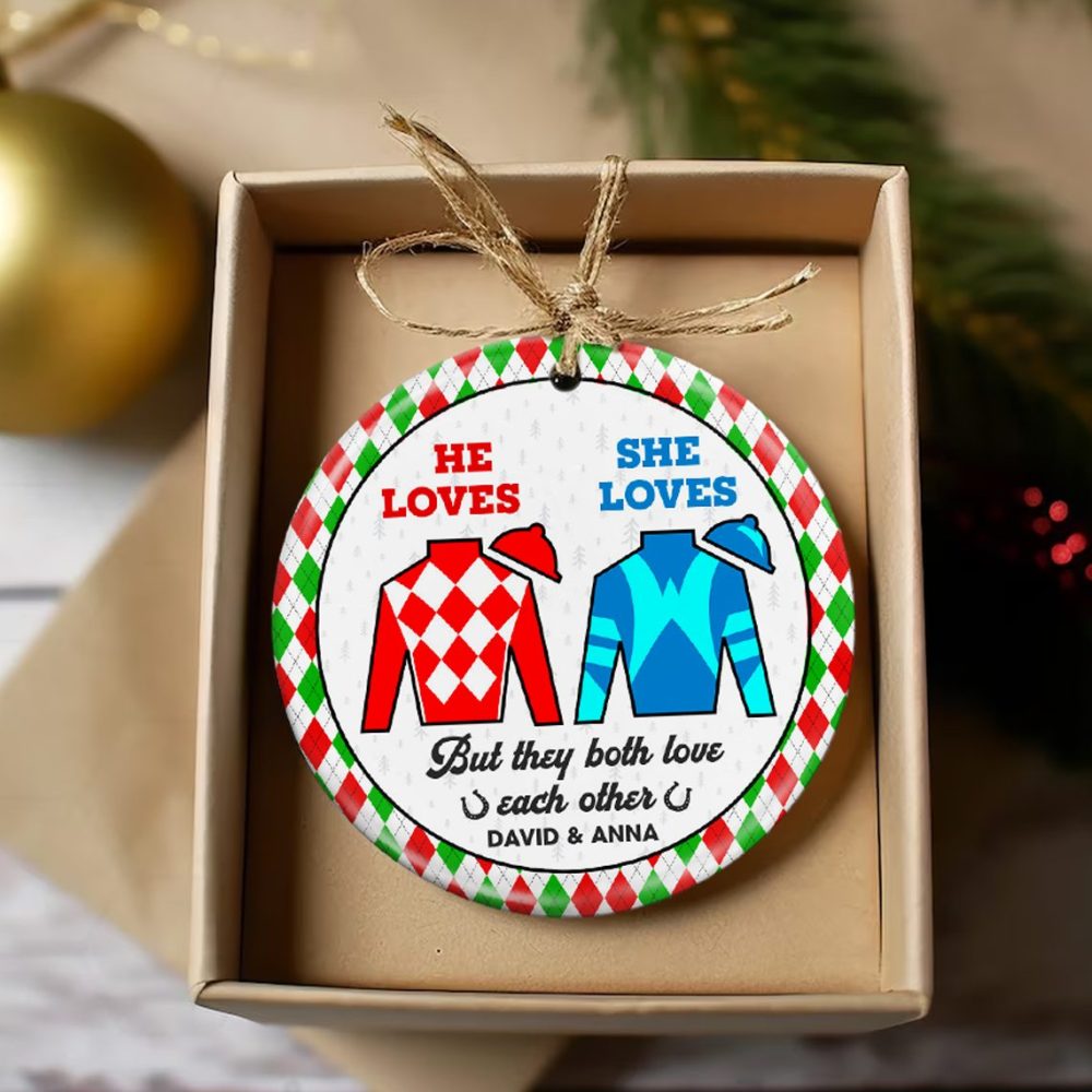 Personalized Gifts For Couple Ceramic Ornament 01Huti101023 Horse Racing Fans - Image 3
