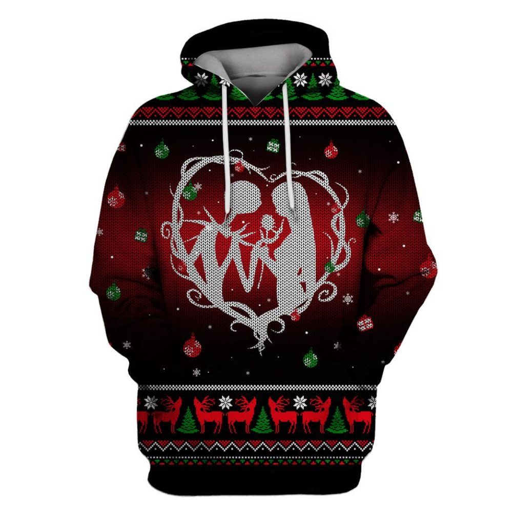 Tnbc Hoodie Jack Skellington And Sally Heart Christmas Pattern Red Hoodie