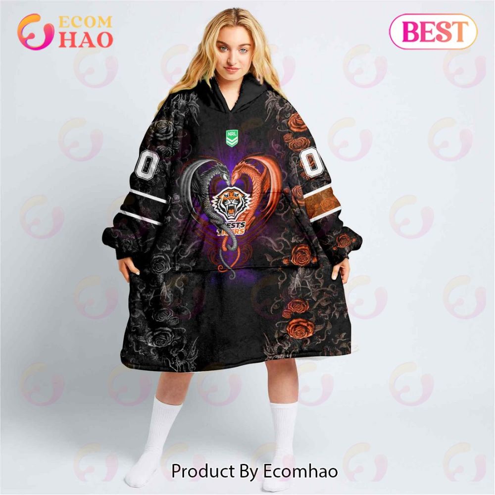 Personalized Nrl Wests Tigers Rose Dragon Oodie, Flanket, Blanket Hoodie, Snuggie