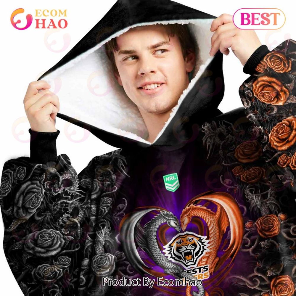 Personalized Nrl Wests Tigers Rose Dragon Oodie, Flanket, Blanket Hoodie, Snuggie - Image 2